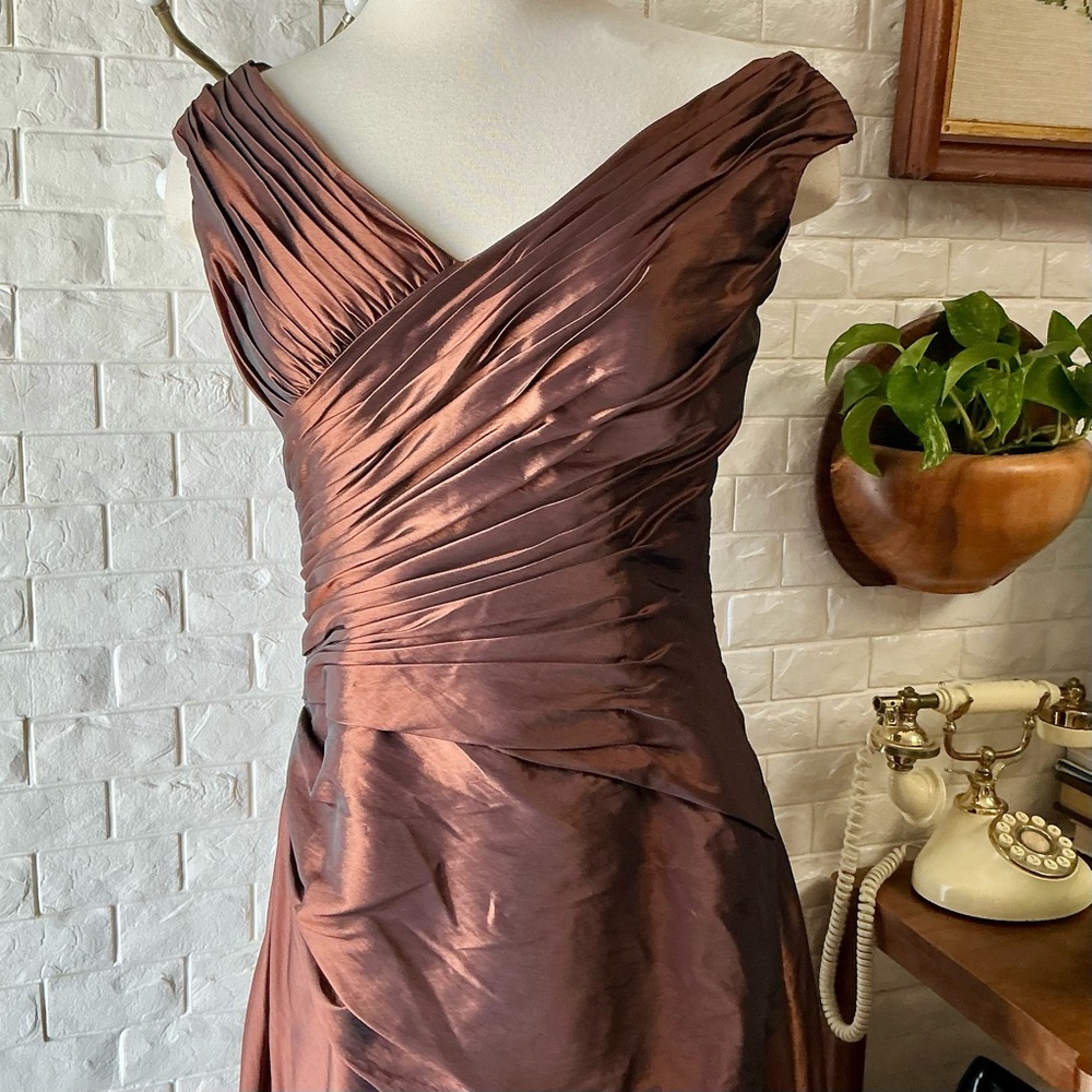 Symphony of Venus Liquid Metallic Copper Ornately Ruched Gathered Bodice Gown - Picture 5 of 17
